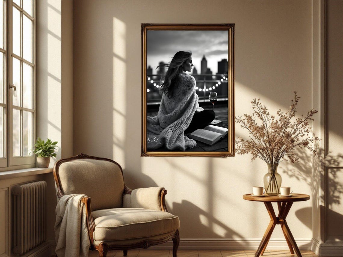 Woman Wrapped In A Cozy Knit Blanket On A Rooftop At Dusk Poster - Image 2