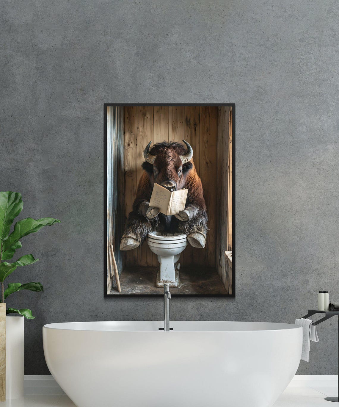 Bison Reading a Book on a Toilet in a Rustic Wooden Bathroom Poster - Image 2