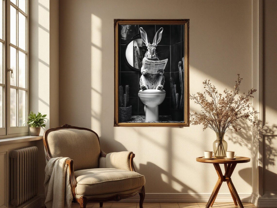 Rabbit Reading a Newspaper While Sitting on a White Toilet Poster - Image 4