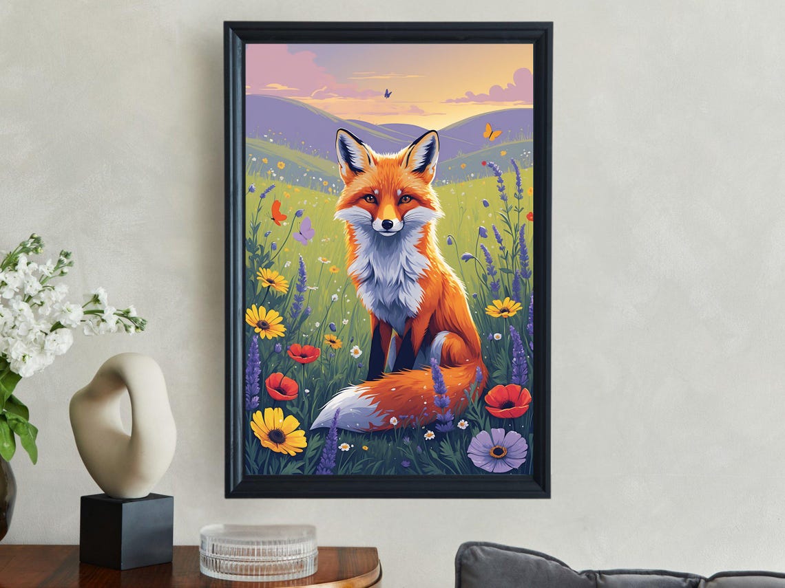 Red Fox Sitting In A Wildflower Meadow With Poppies At Sunset Poster