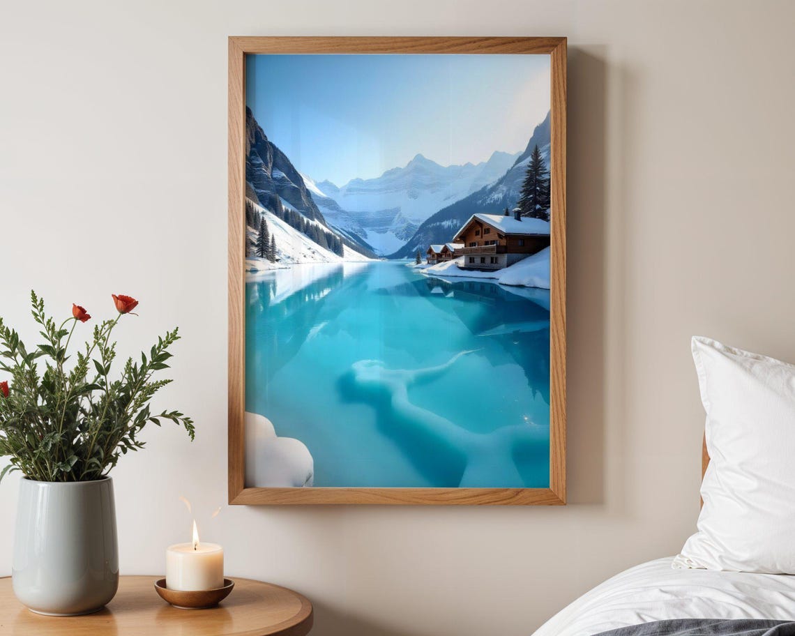 Cozy Wooden Alpine Chalet Beside Turquoise Lake in Winter Poster
