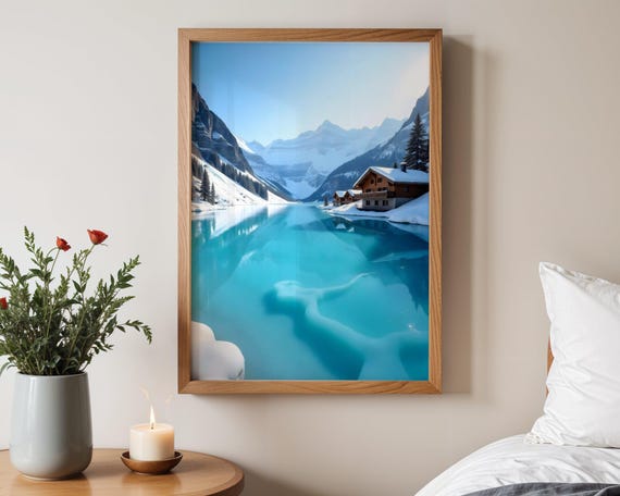 Serene Winter Lake Mountain View Wall Art Tranquil Snowy Landscape Print Stunning Nature Photography Cabin By The Lake Decor