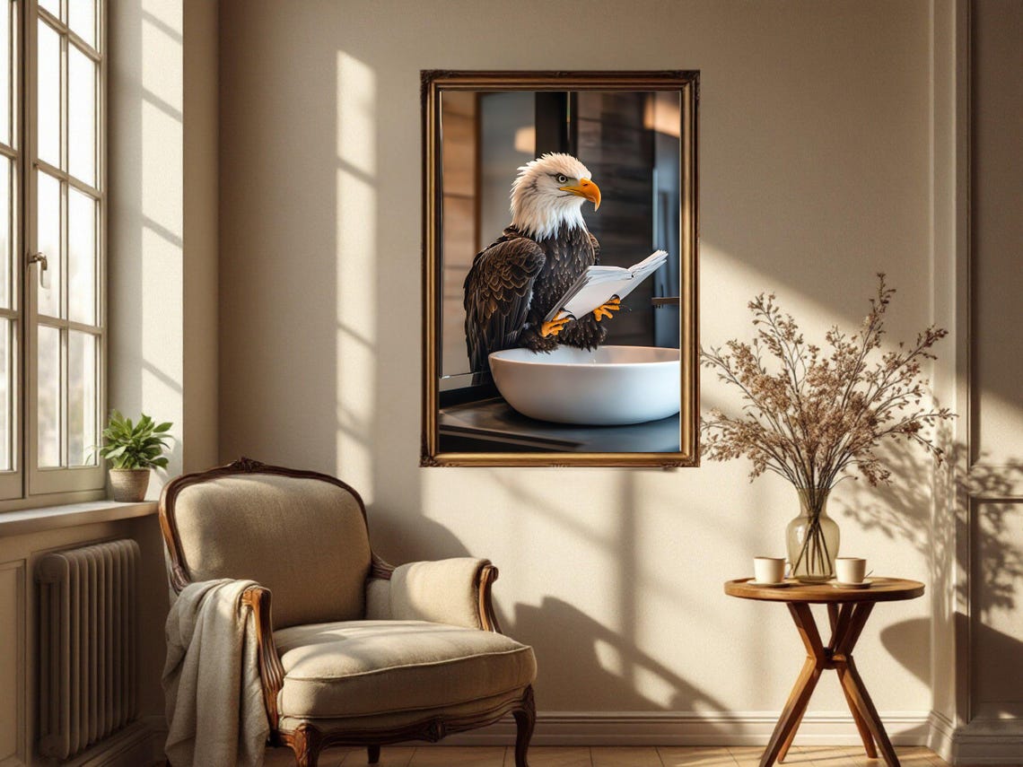 Bald Eagle Perched on a Bathroom Sink Reading a Newspaper Poster - Image 4