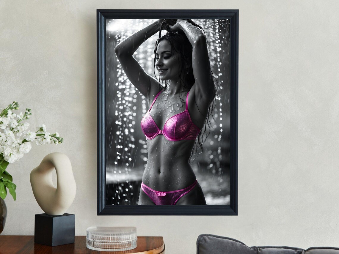 Smiling Woman In Sparkling Pink Lingerie Standing In The Rain Poster - Image 4