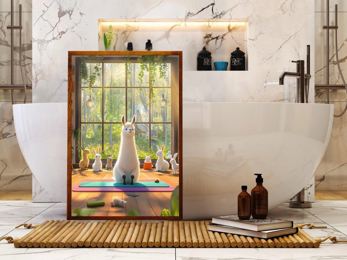 Llama Leading a Yoga Class With Bunnies in a Sunny Studio Poster - Image 5