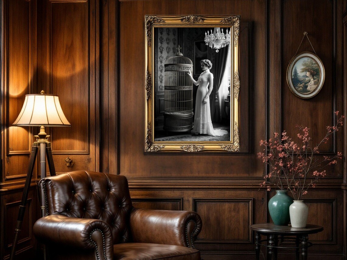 Woman in White Gown Beside Giant Ornate Birdcage, B&W Poster - Image 5