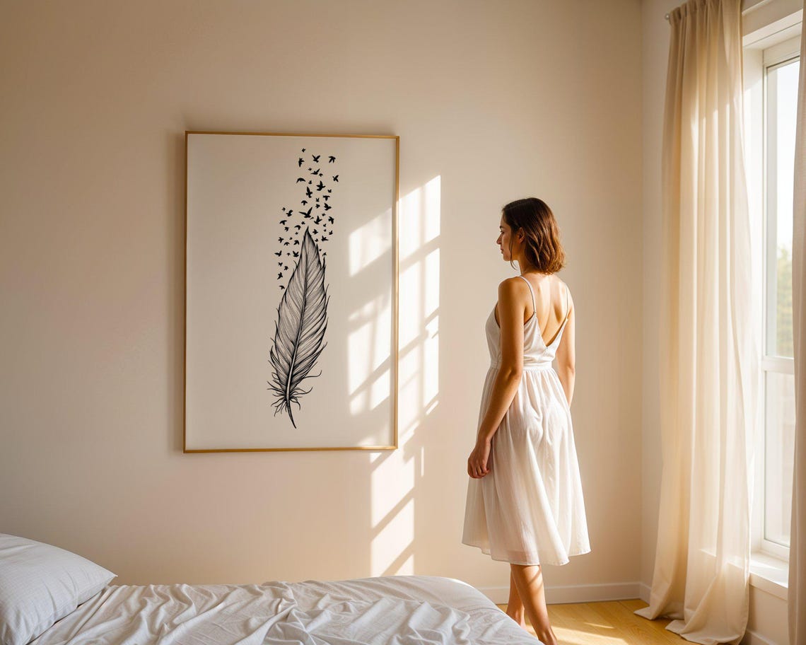 Ink Feather Dissolving Into Flying Birds Minimalist Ink Poster - Image 5