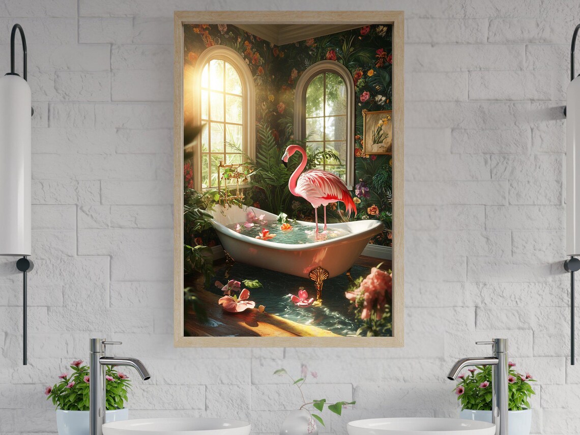 Flamingo Bathing in Tropical Flower Bathtub Botanical Art Poster