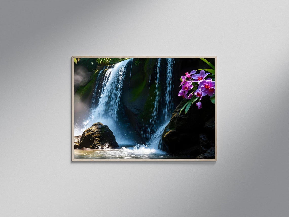 Tropical Waterfall With Purple Orchids Nature Landscape Poster