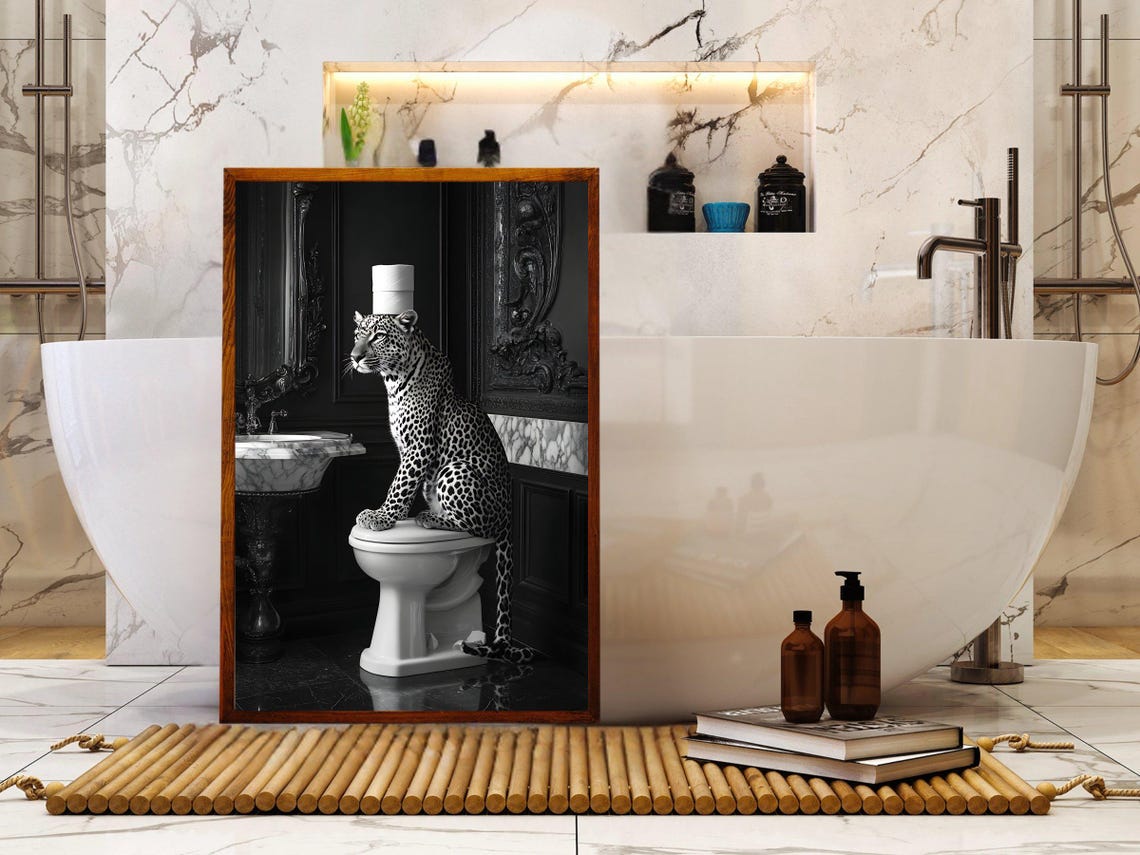 Leopard Sitting On Toilet With Toilet Paper Black And White Poster - Image 5