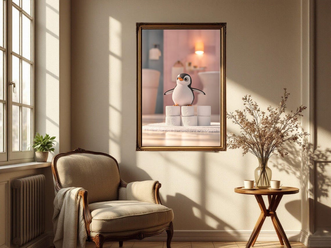 Cute Cartoon Penguin Standing on a Stack of Toilet Paper Rolls Poster - Image 4
