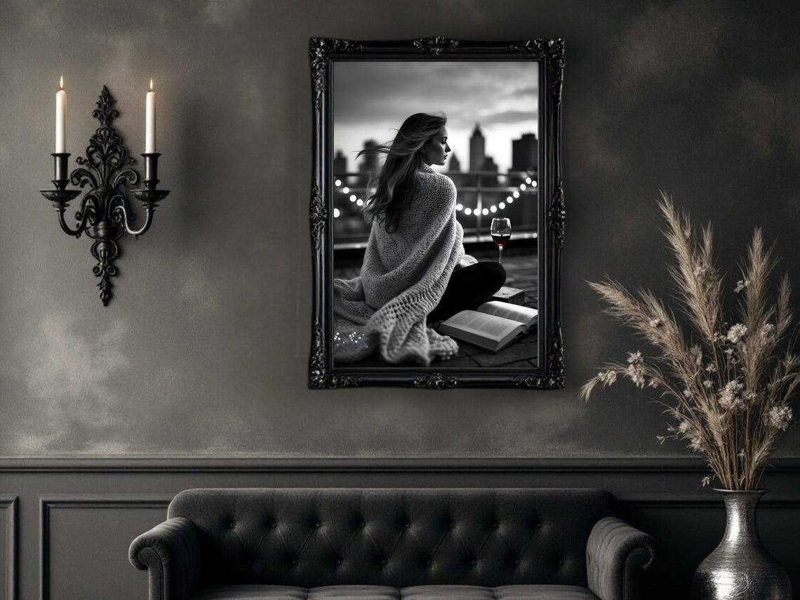 Woman Wrapped In A Cozy Knit Blanket On A Rooftop At Dusk Poster - Image 4