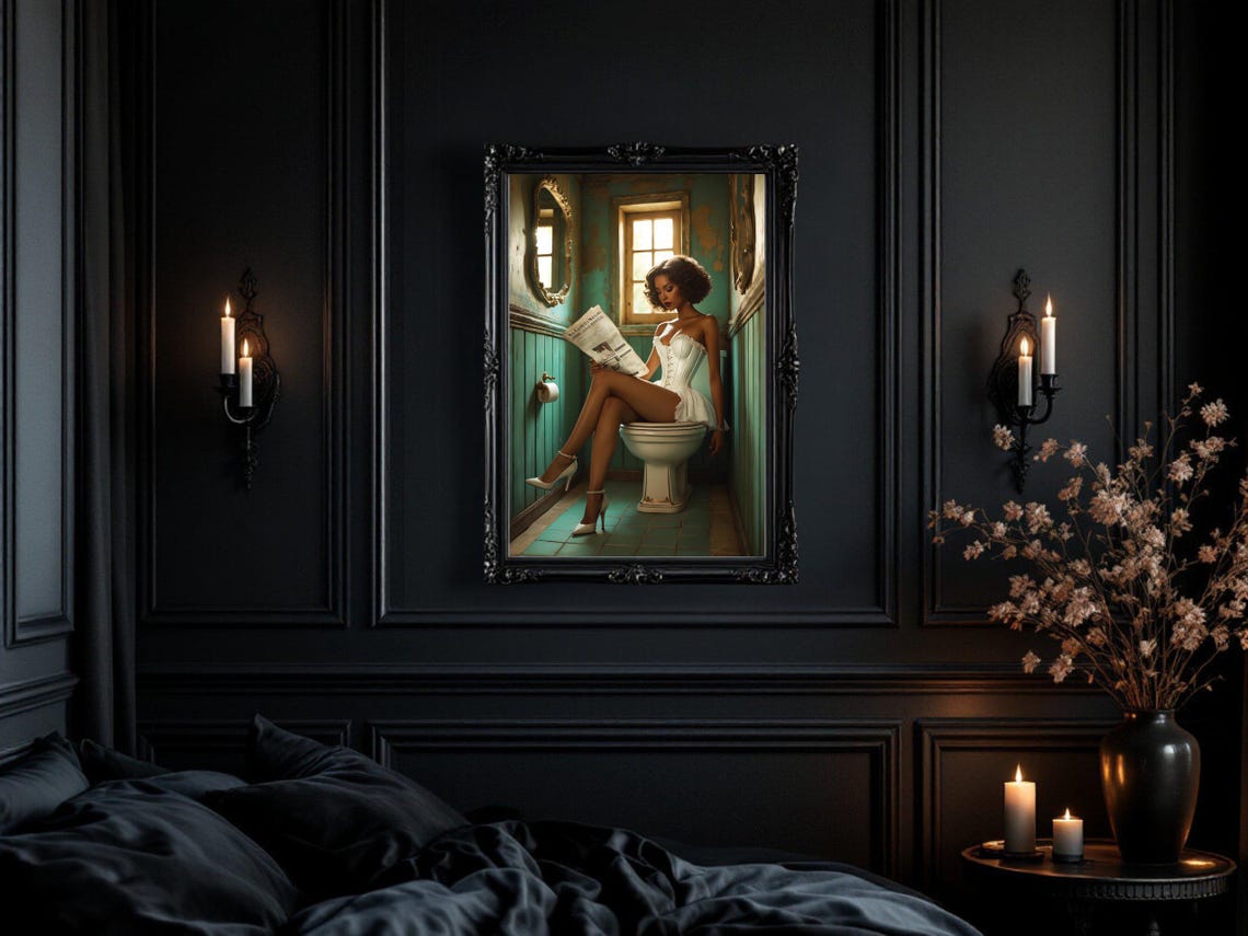 Woman in Corset Reading Newspaper in Quirky Green Bathroom Poster - Image 3
