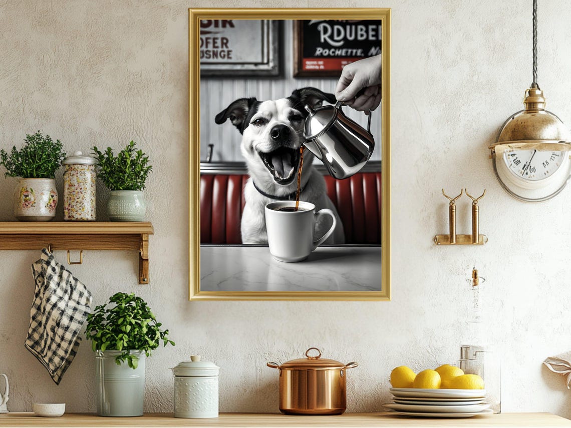 Happy Dog Watching Fresh Coffee Funny Diner Pet Humor Poster