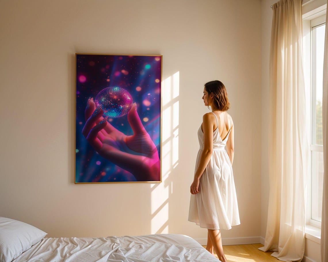 Hand Holding Glowing Disco Ball Under Neon Purple Party Lights Poster - Image 3