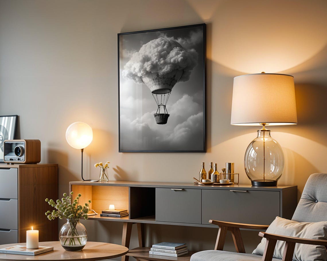 Dreamy Cloud Balloon Surreal Monochrome Hot Air Adventure Poster - Image 3