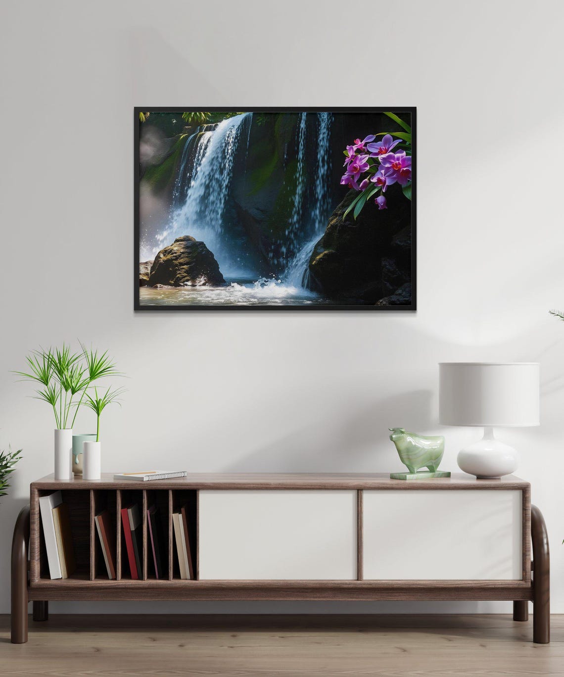 Tropical Waterfall With Purple Orchids Nature Landscape Poster - Image 3