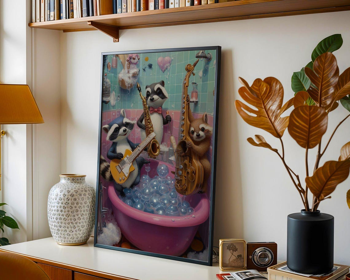 Raccoon Jazz Band Playing in a Bubble Bath Pink Tub Party Print - Image 4