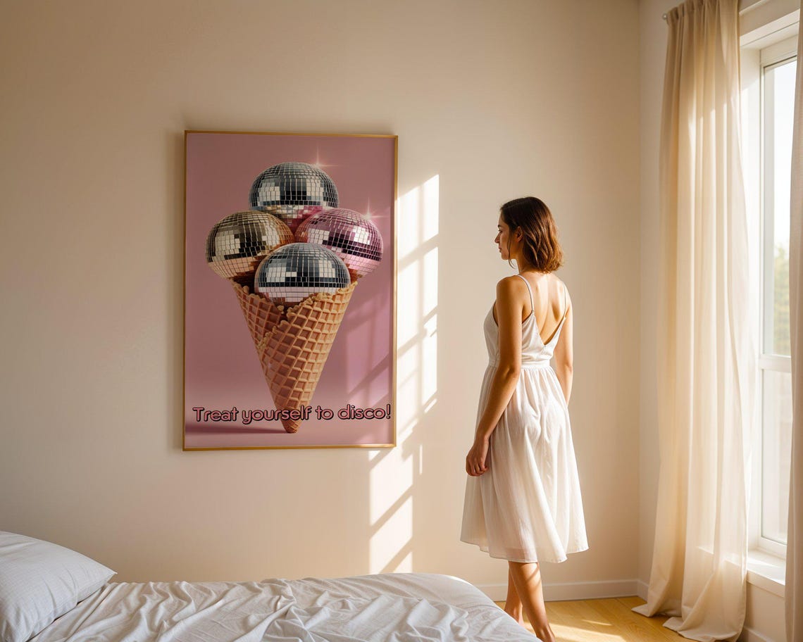 Disco Ball Ice Cream Cone Wall Art Fun Ice Cream Poster Disco Themed Room Decor Unique Wall Print Pop Art Style Home Decor Print - Image 3