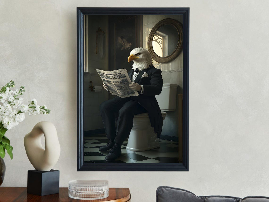 Bald Eagle in a Tuxedo Reading Newspaper on the Toilet Poster - Image 2