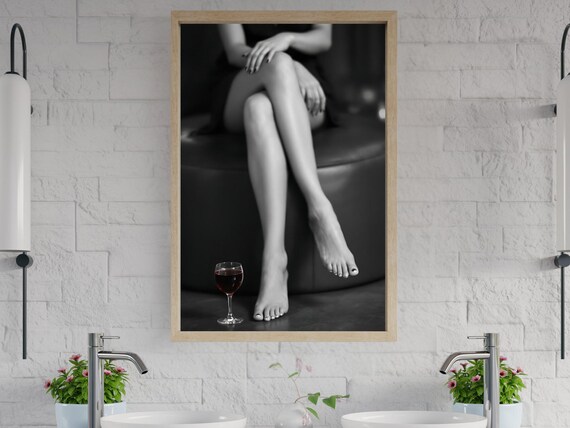 Barefoot Woman's Crossed Legs with Glass of Red Wine, B&W Poster