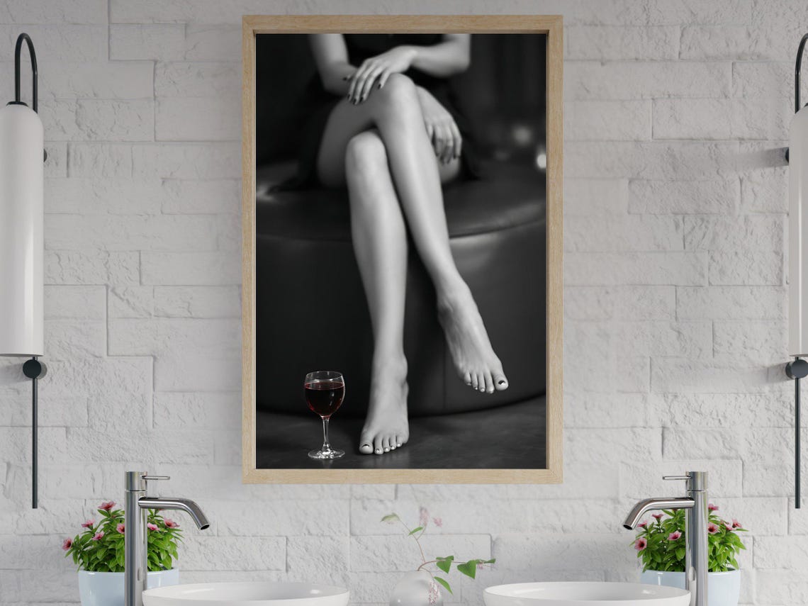 Barefoot Woman's Crossed Legs with Glass of Red Wine, B&W Poster