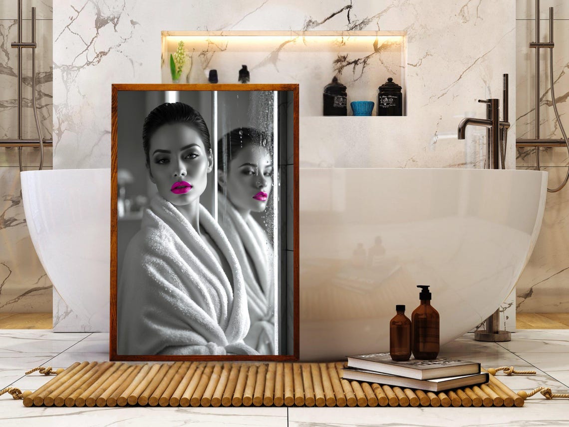 Woman in a Bathrobe With Bold Pink Lips in a Steamy Mirror Poster - Image 5