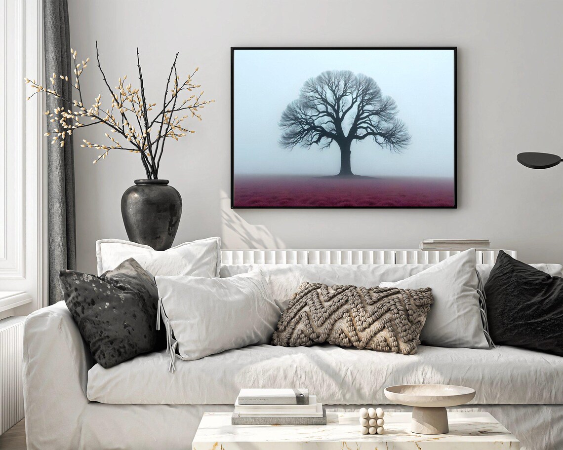 Tree Wall Art Print Misty Landscape Poster Nature Artwork Decor Minimalist Tree Illustration Foggy Field Scenery - Image 4