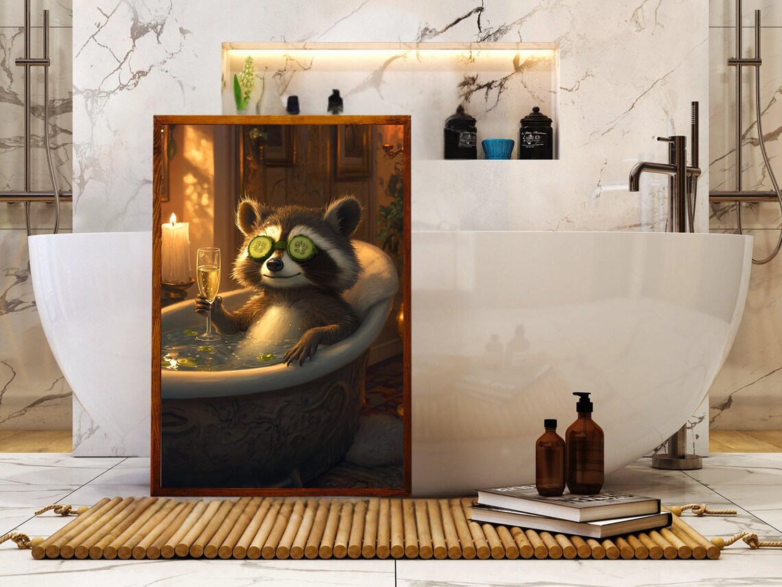 Raccoon Enjoying a Bubble Bath With Cucumber Slices and Champagne Poster - Image 5