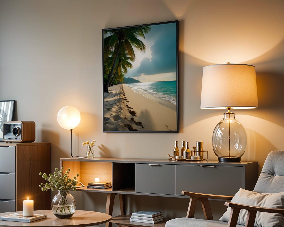 Palm Lined Sandy Beach with Footprints in Sunlit Ocean Sand Poster - Image 5