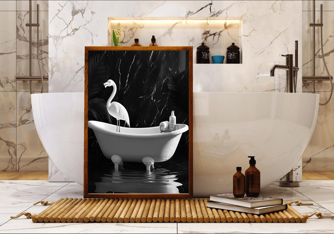 Elegant Flamingo Standing in a Bathtub Against Black Marble Poster - Image 5