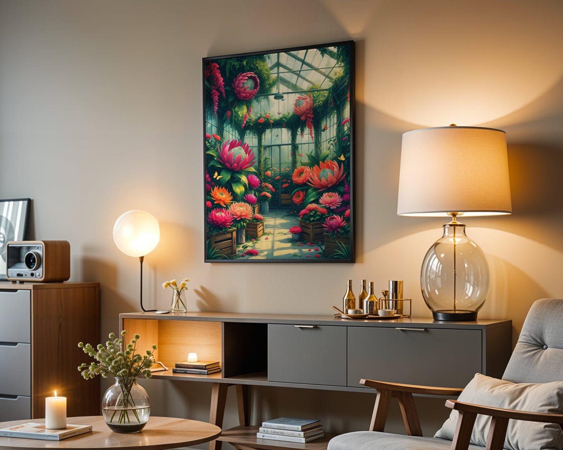 Lush Greenhouse Interior Filled With Giant Pink Protea Flowers Poster - Image 3