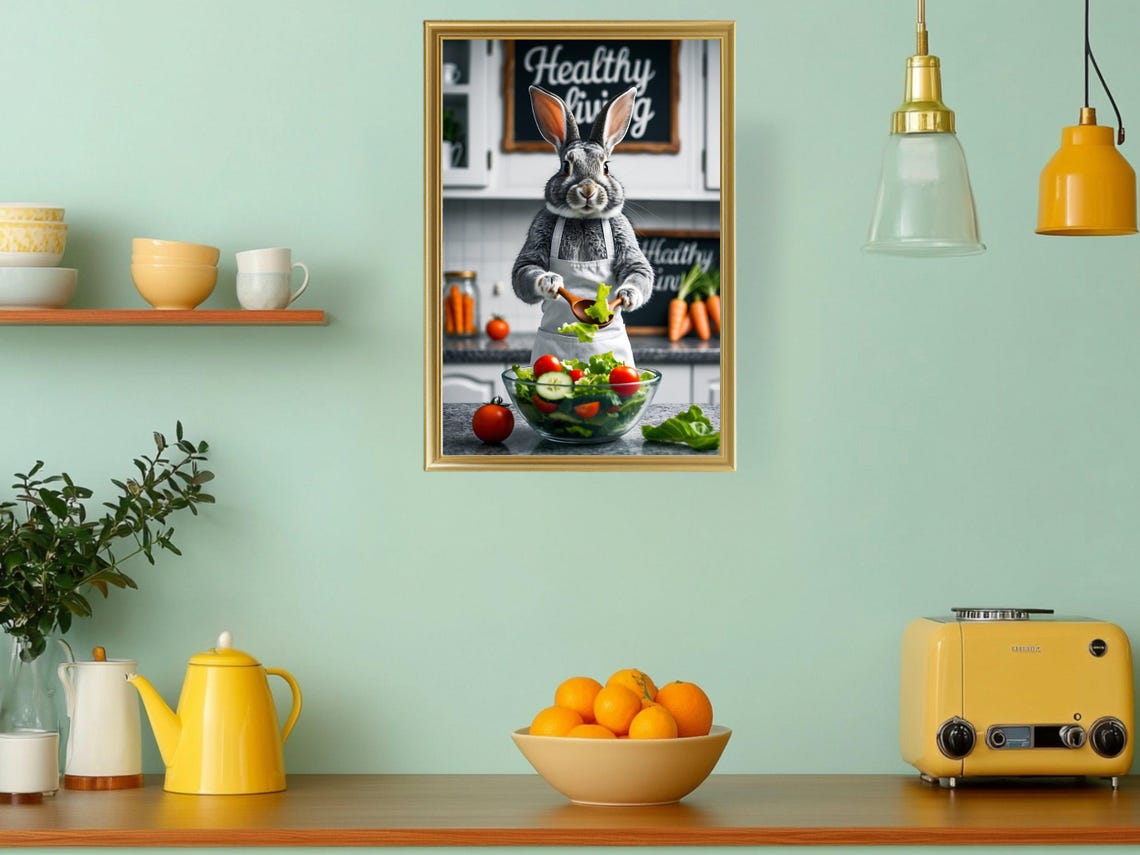 Rabbit Chef Tossing Fresh Salad Funny Animal Kitchen Wall Art - Image 3