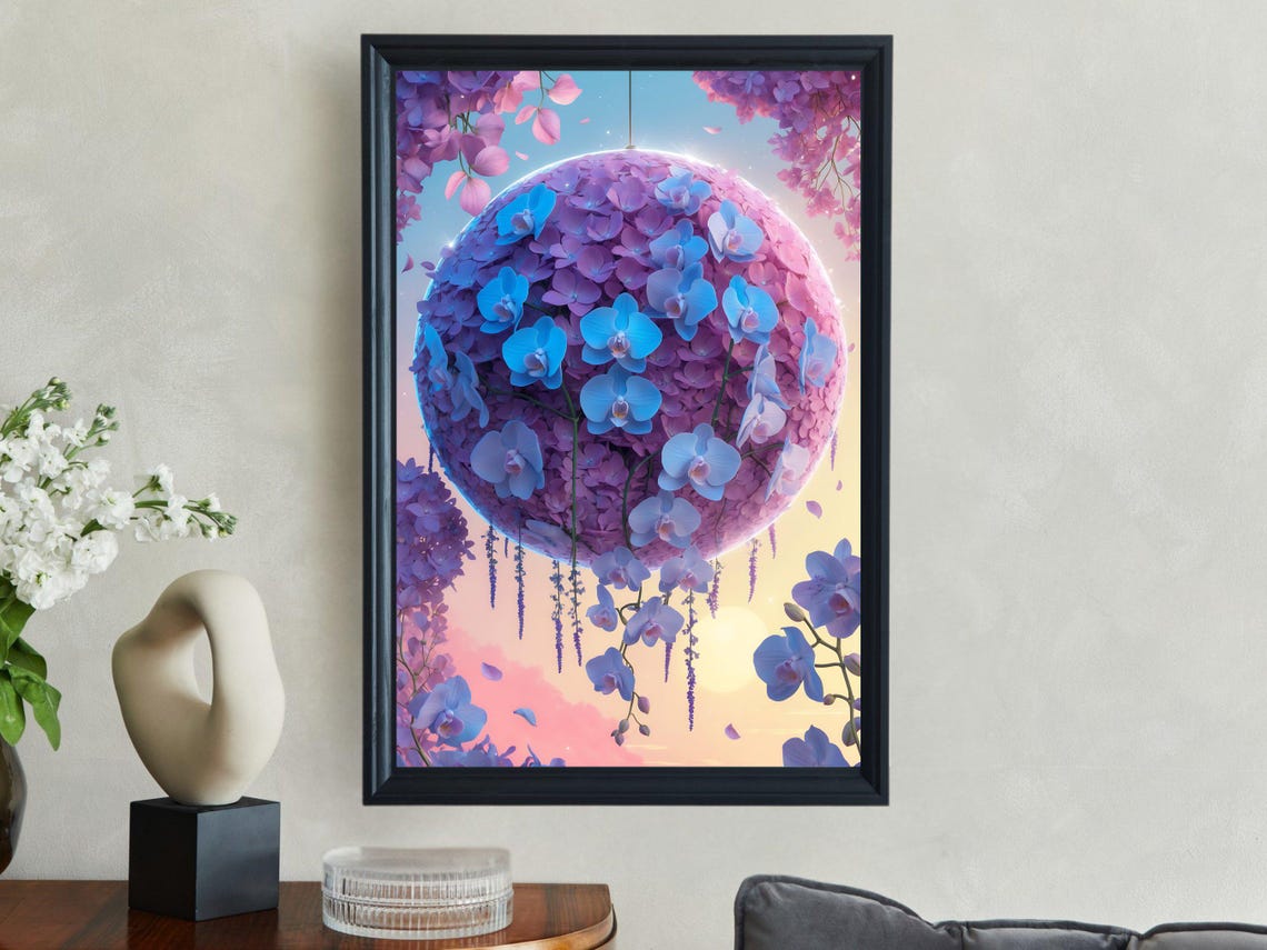 Hanging Sphere Of Blue Orchids And Purple Hydrangeas Floral Poster