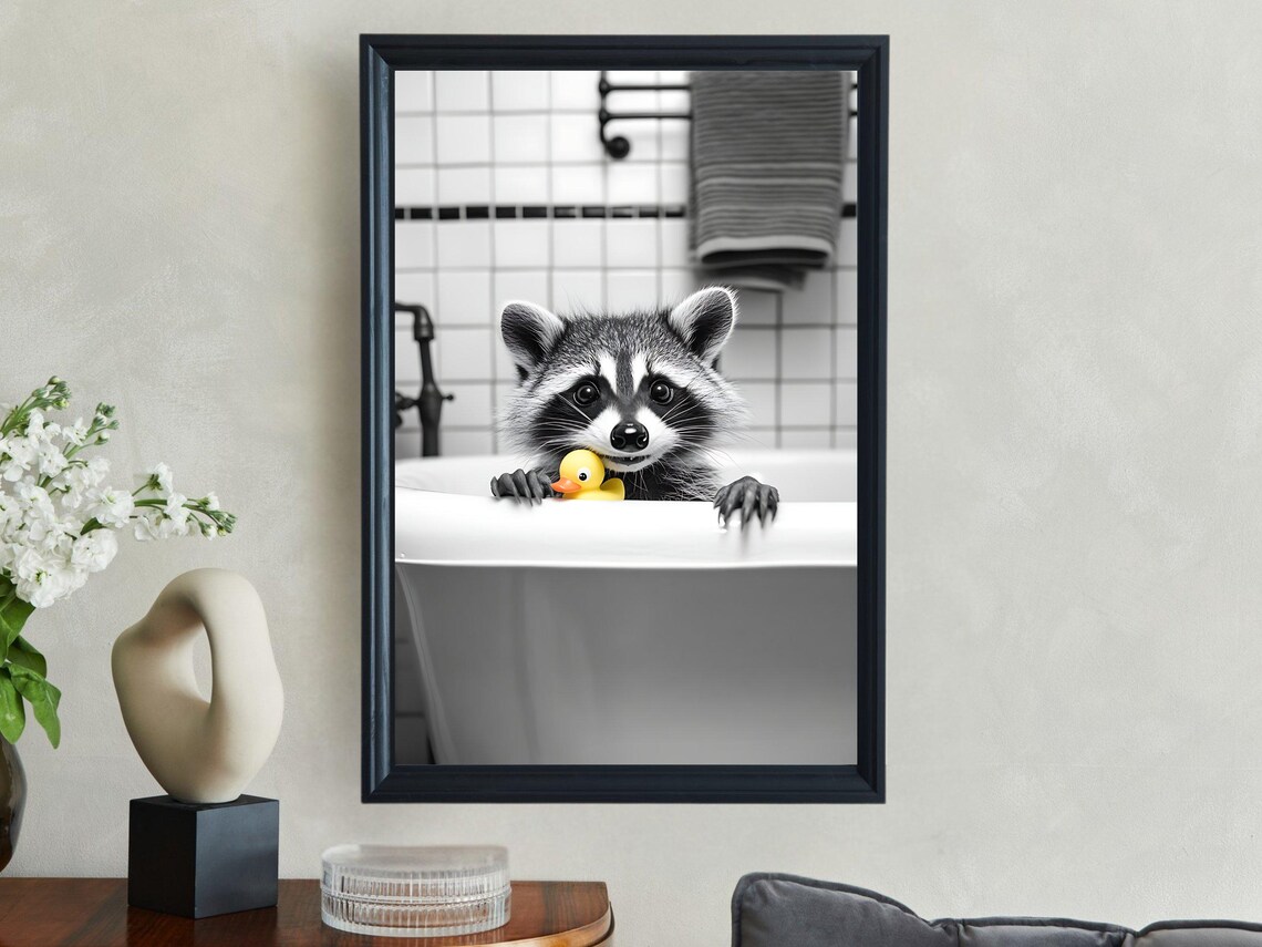 Adorable Baby Raccoon Peeking Over the Bathtub With a Rubber Duck Poster - Image 2