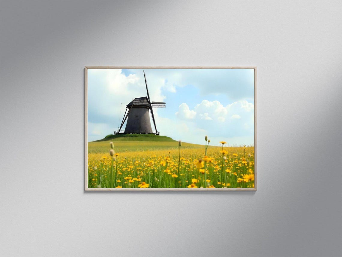 Classic Windmill In Yellow Wildflower Field Rustic Country Poster
