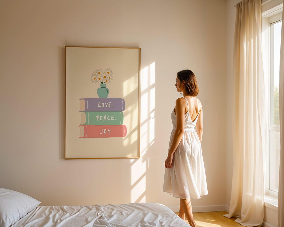 Love Peace Joy Book Stack with Daisy Vase Pastel Floral Wall Art - Image 4