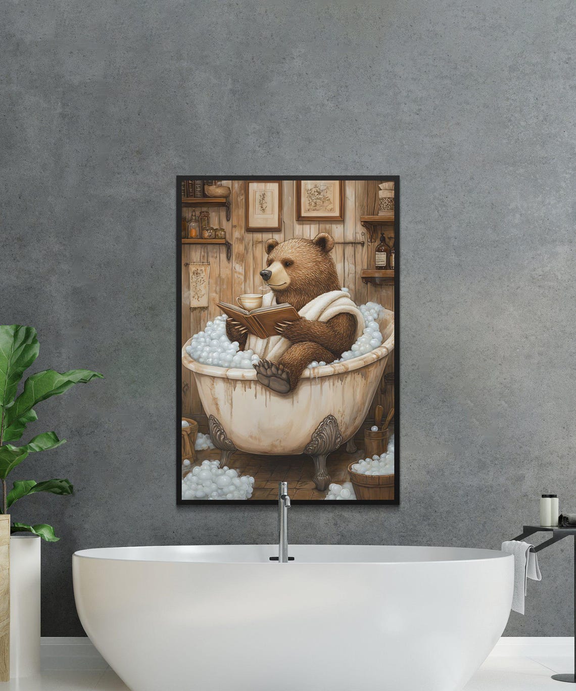 Brown Bear Reading a Book in a Clawfoot Bubble Bath With Tea Poster - Image 2