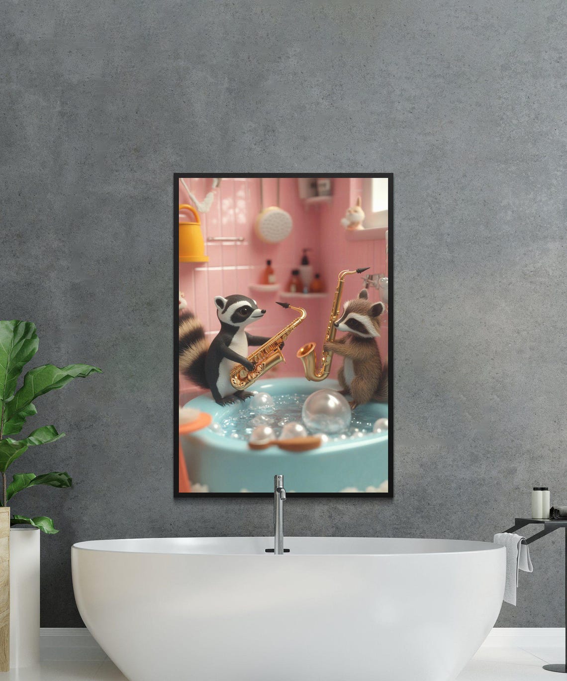 Two Happy Raccoons Playing Golden Saxophones in a Bubble Bath Poster - Image 2