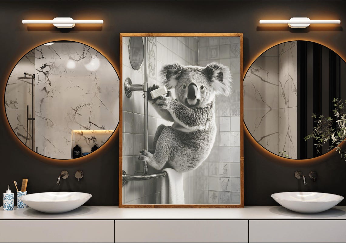 Koala Climbing a Shower Pole Holding Soap Black and White Poster - Image 3