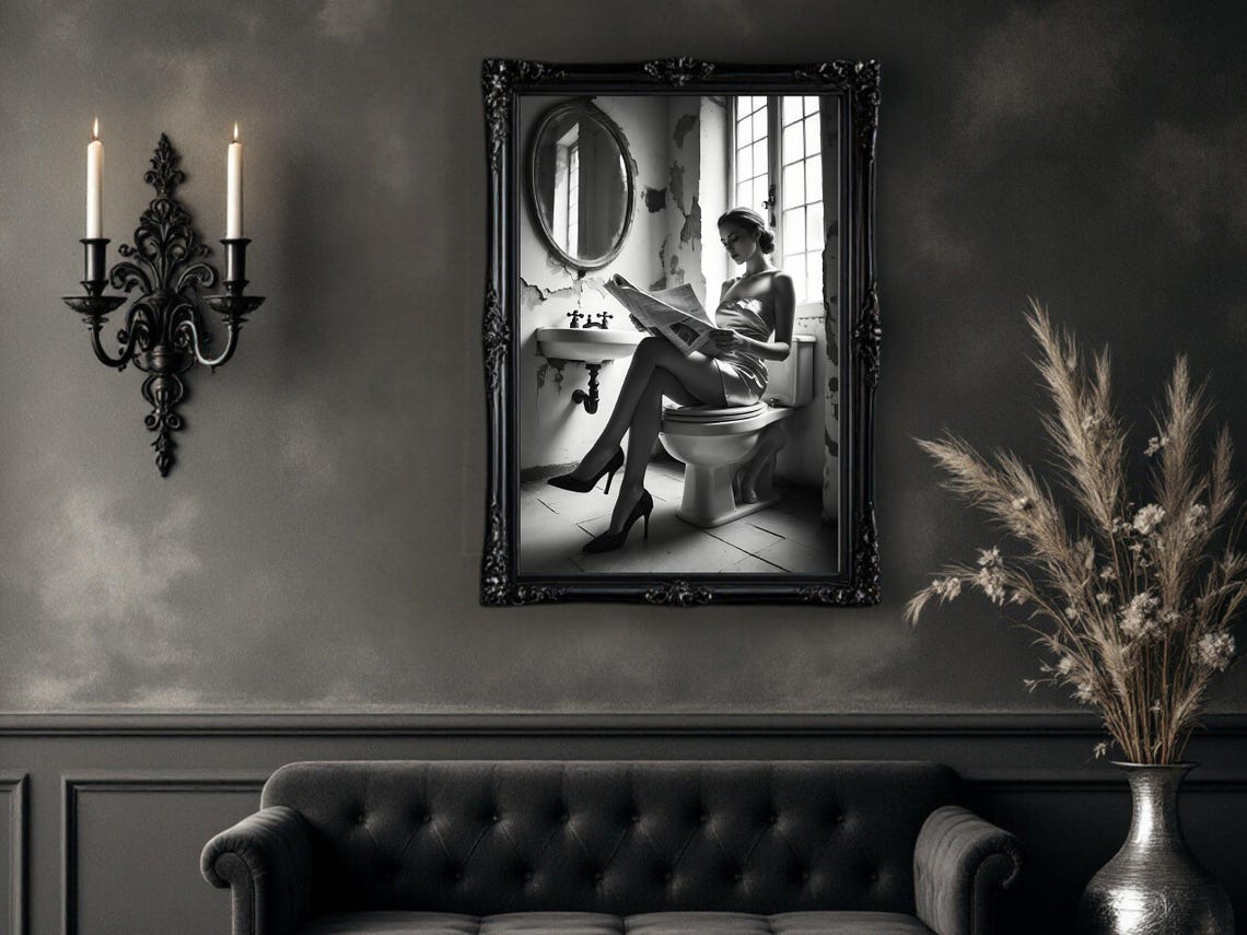 Woman Reading A Newspaper In A Rustic Vintage Bathroom Poster - Image 4