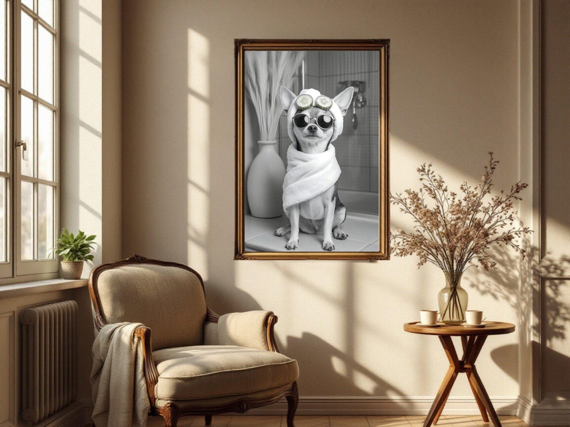 Chihuahua in a Towel Wearing Sunglasses With Cucumber Slices Poster - Image 4