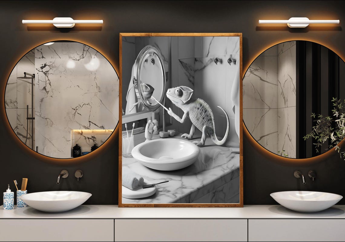 Chameleon Brushing Its Teeth at a Marble Sink Black and White Poster - Image 3