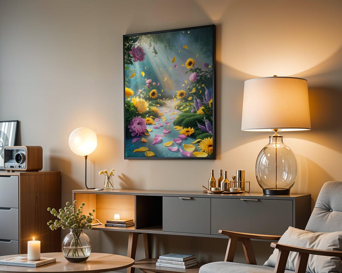 Sunlit Sunflower Garden Petal Stream Magical Light Art Print - Image 3