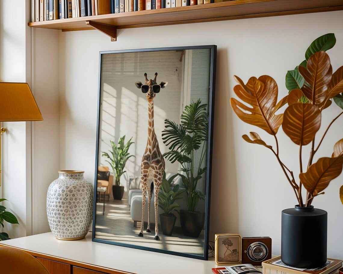 Giraffe Wearing Sunglasses Standing In A Bright Modern Living Room Poster - Image 5