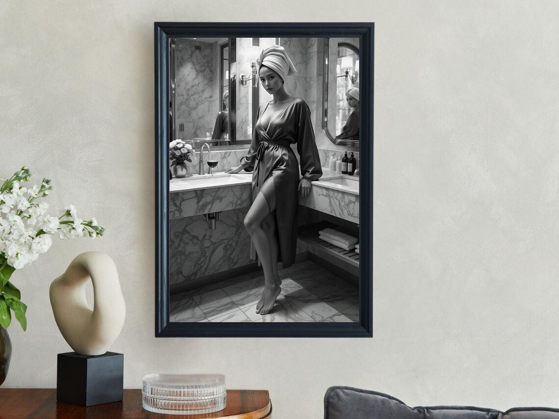 Elegant Bathroom Wall Art Stylish Woman In Robe Black And White Spa Decor Sophisticated Bathroom Luxury Wall Art Home Decor - Image 3
