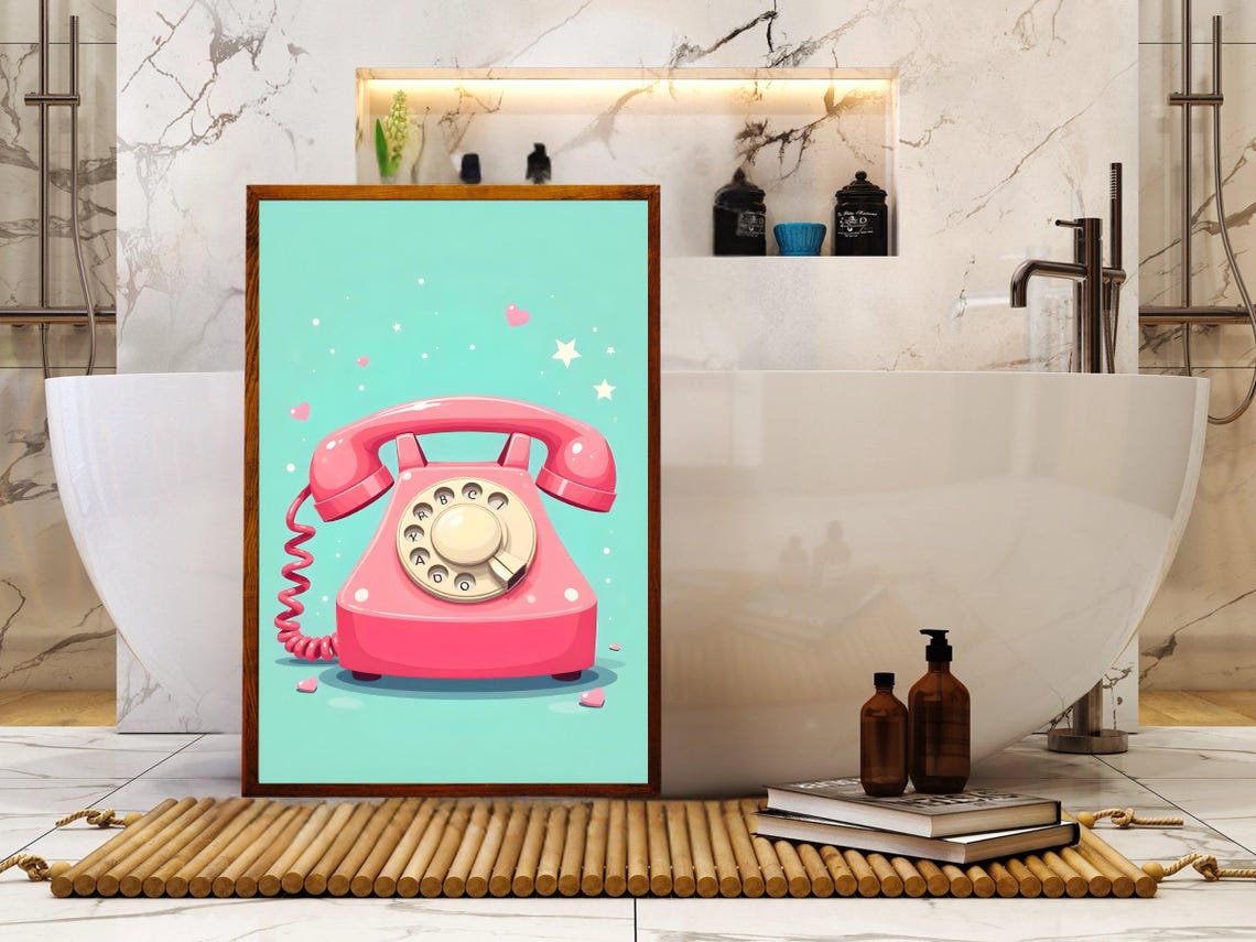 Pink Retro Rotary Phone Teal Background Cute Kawaii Decor Art Print - Image 2