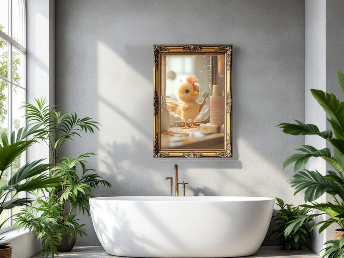 Fluffy Baby Chick Holding Toothbrush at the Bathroom Sink Poster - Image 3