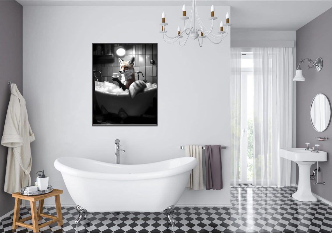 Fox Sipping Tea in a Bubble Bath Black and White Whimsical Poster - Image 2