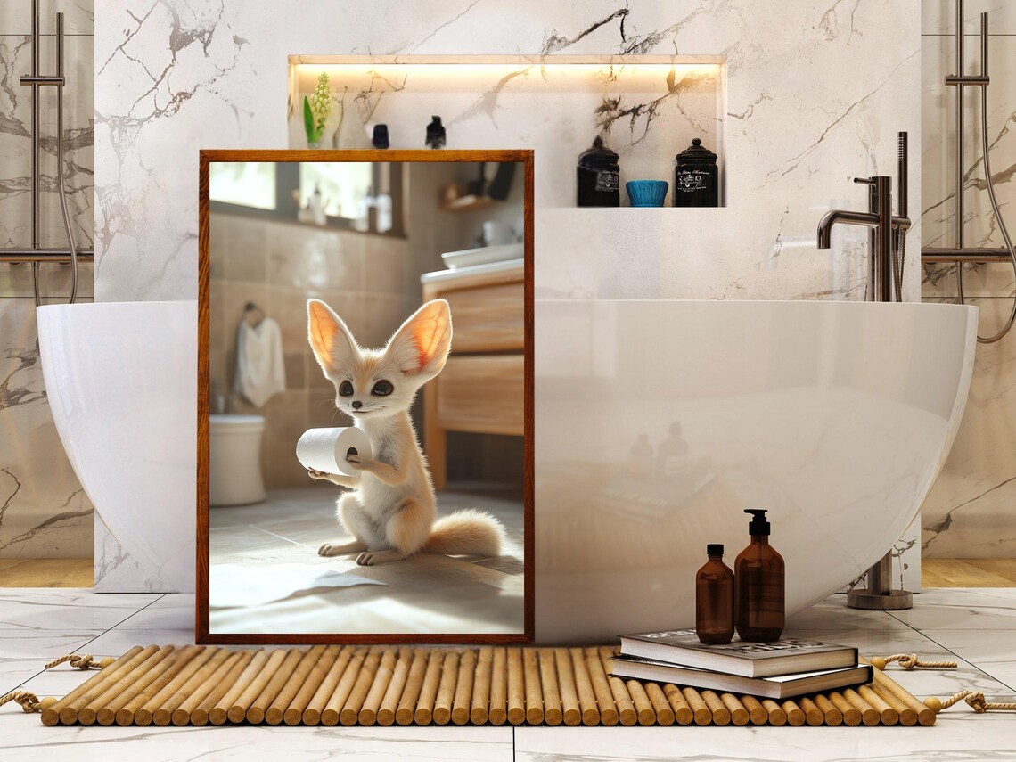 Baby Fennec Fox Holding Toilet Paper in Sunlit Bathroom Poster - Image 5